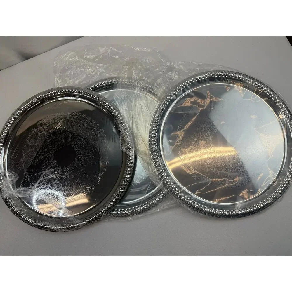 14-Inch Traditional Round Engraved Catering Chrome Plated Serving Tray 3 Pk
